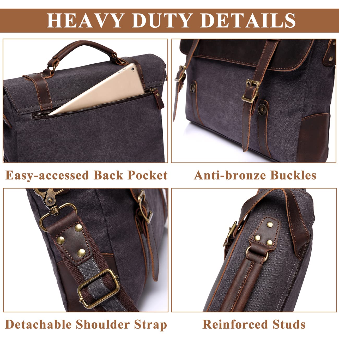 Messenger Bag for Men,Vintage Canvas Leather Canvas Laptop Satchel Shoulder Bag Business Briefcase, Gray-fits 14inch Laptop, Fits 14in Laptop