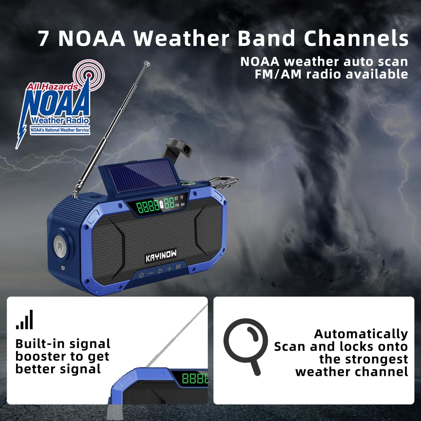 Portable Emergency Weather Radio with Waterproof Bluetooth Speaker, AM/FM/NOAA Hand Crank Solar Rechargeable Radio with Flashlight, Reading Light, 5000mAh Cell Phone Charger, SOS Alarm, Survival Gear