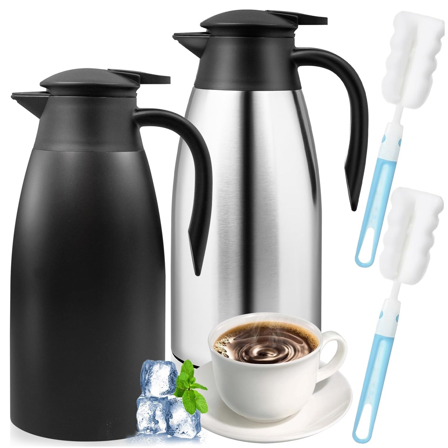 2 Pcs 68 oz Thermal Coffee Carafe Insulated Stainless Steel Coffee Carafe for Hot Liquids Vacuum Thermal Pot Creamer Carafe Dispenser with Brushes Keeping Hot 12 Hours (Silver, Black)