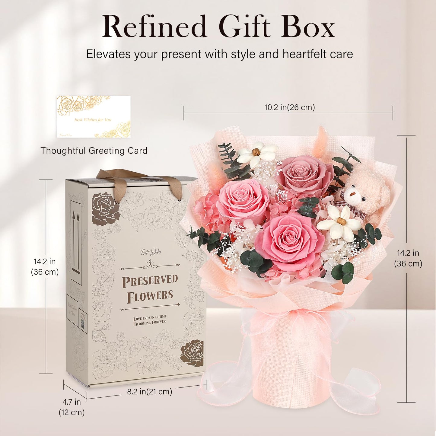 Preserved Flowers Bouquet with Bear, 3 Real Forever Flowers for Delivery, Long-Lasting Pink Eteranl Roses Bouquet, Anniversary Birthday Graduation Gifts for Women Girlfriend Her Mom Grandma