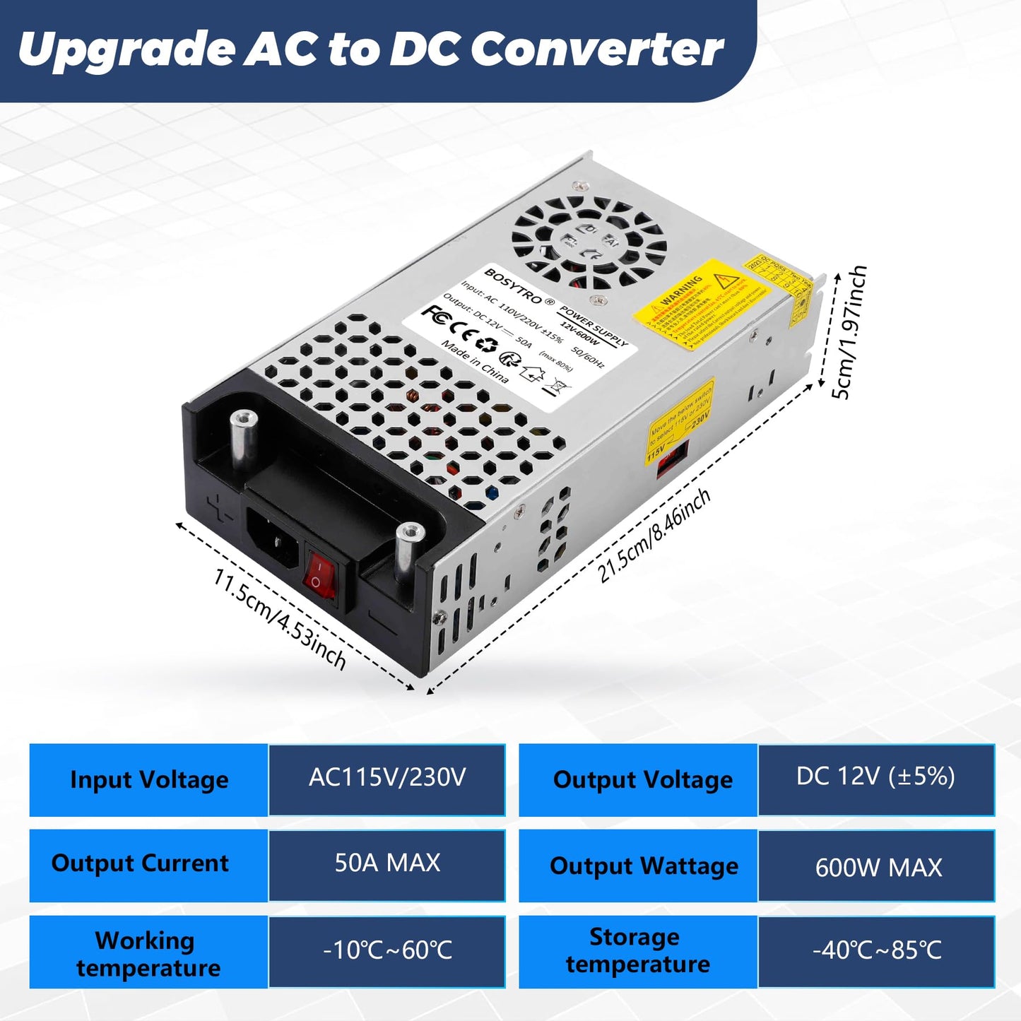 BOSYTRO 12V DC Power Supply 600W 50A SMPS 110v to 12v Converter Transformer AC to DC Converter for 3D Printer, Led Strip, Motor Pump, CCTV, Electronic Instruments, Lab Computer