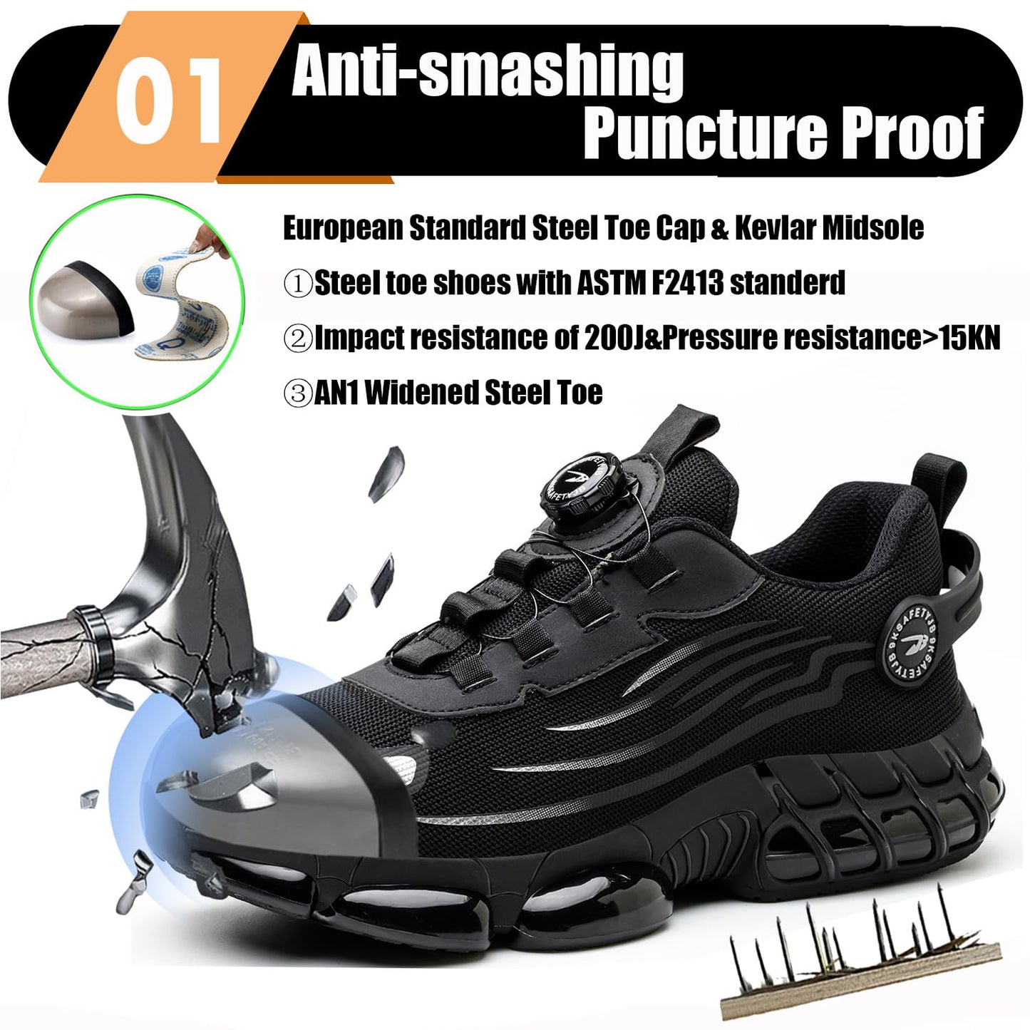 TimGross Safety Shoes for Men Steel Toe Work Sneakers Lightweight Slip On Construction Indestructible Shoes Non-Slip Shoes 266/Black/44