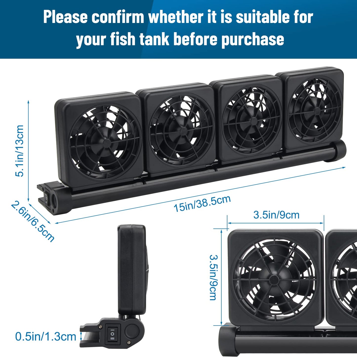 Liveek Aquarium Fan 2 3 4 Heads, Aquarium Chillers Cooling Fan Adjustable Fish Tank Cooling Fan with 2 Wind Speed Fan for Water Tank, Aquarium Tank Chiller (4 Head)