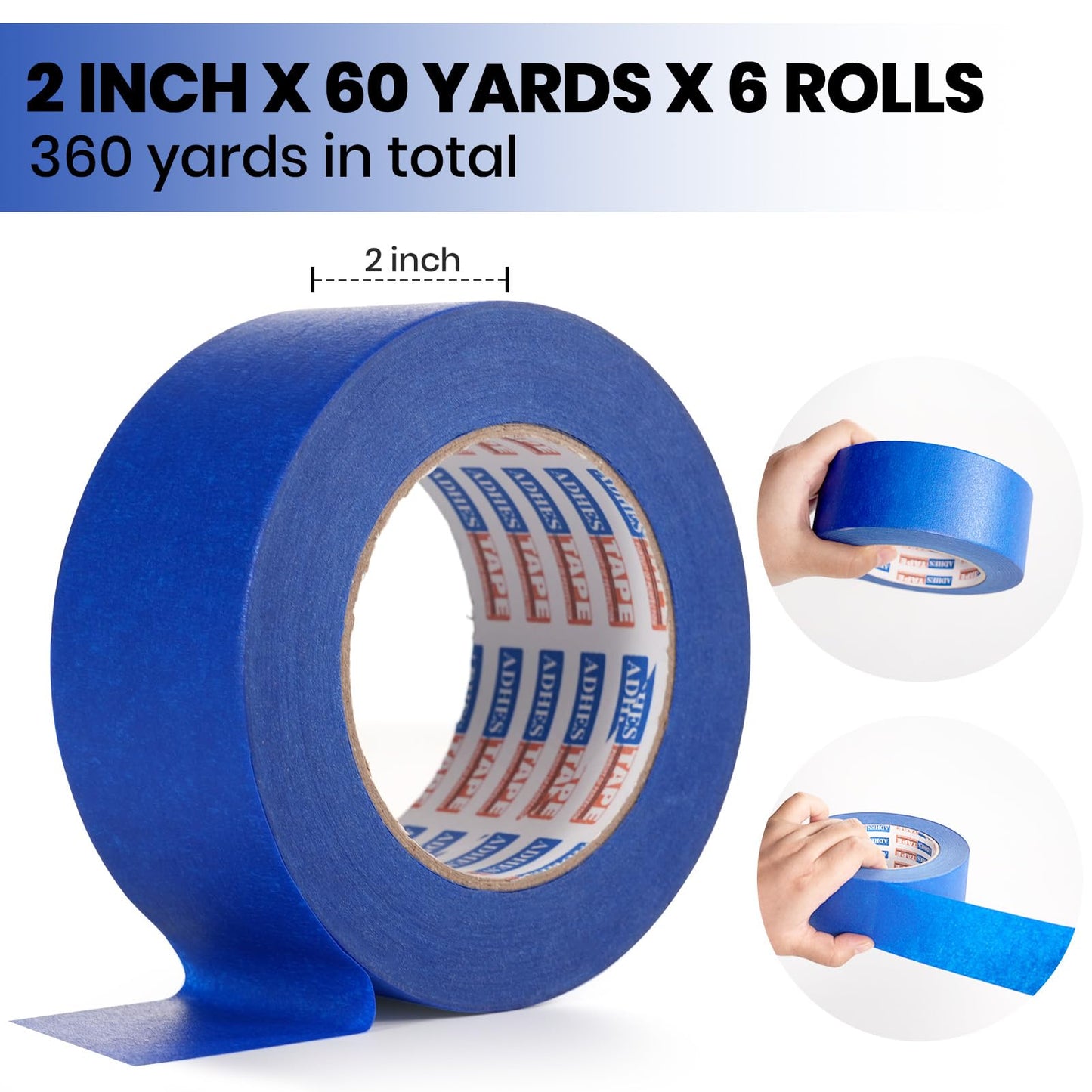 ADHES Upgrade Blue Painters Tape, Masking Tape for Painting 6 Rolls x 2 Inch x 60 Yards, Blue Paint Tape No Residue Outdoor Anti UV Multi Surface Use, Total 360 Yards