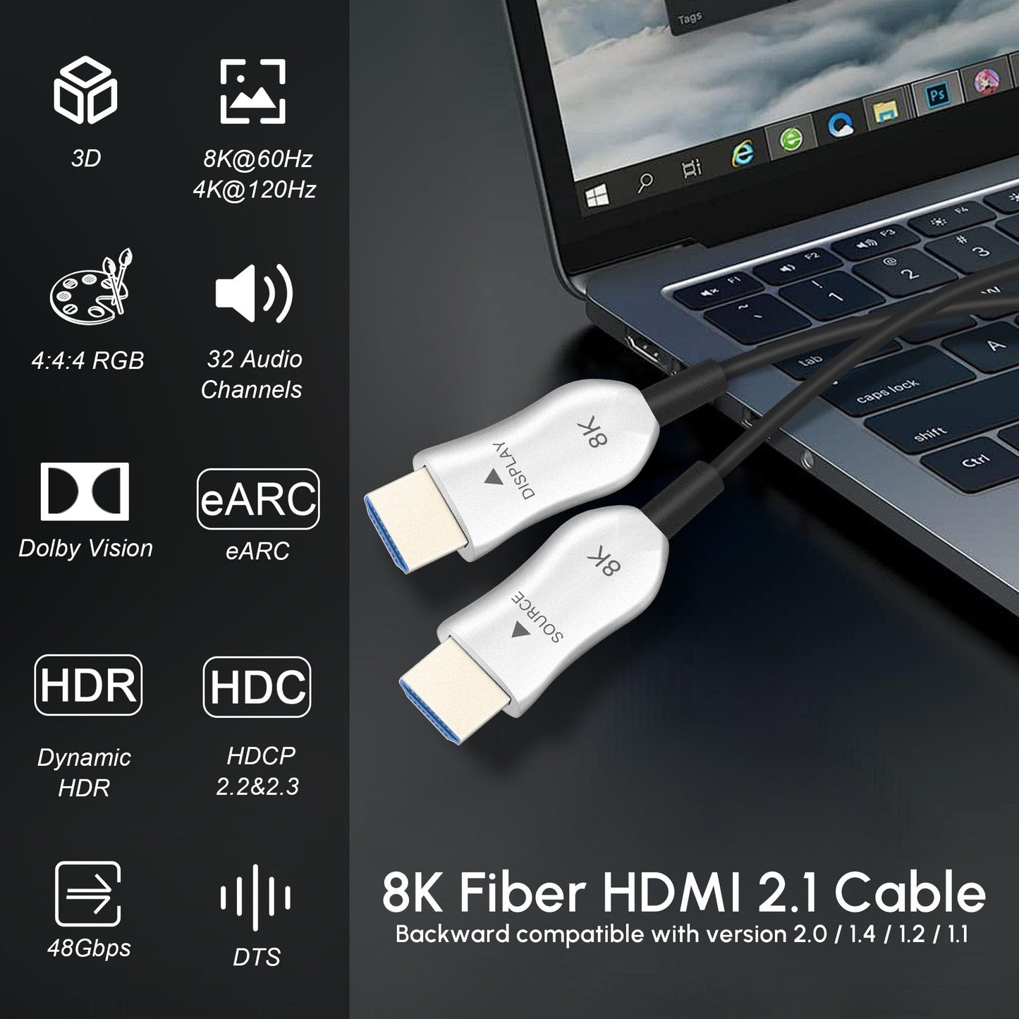 RUBMUD 8K Fiber Optic HDMI 2.1 Cable 50ft, Long Active HDMI Cable, High Speed Fiber HDMI Cord, 48Gbps, 8K@60Hz 4K@120Hz, Dynamic HDR, eARC, HDCP 2.2&2.3, 3D, for HDTV Monitor Game Laptop Home Theatre