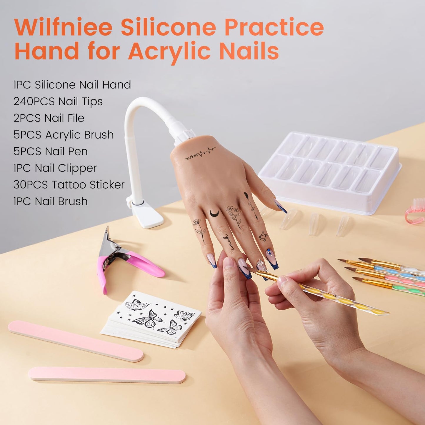 Practice Hand for Acrylic Nails: Realistic Silicone Nail Hand Practice with Tattoo Stickers - Flexible Fake Hand Mannequin Nail Hand Kit for Beginners