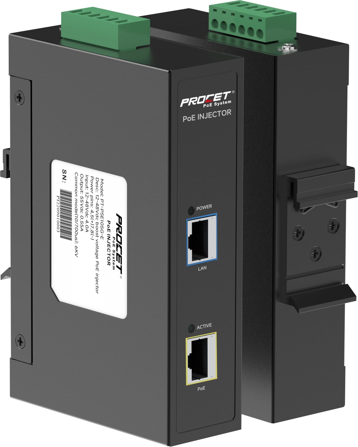 PROCET DIN Rail PoE Injector 30W Industrial IEEE802.3at/ PoE+ Power Injector, 6KV Surge Protection, Wide Working Temperature -40℃ to 65℃, PT-PSE105G-E