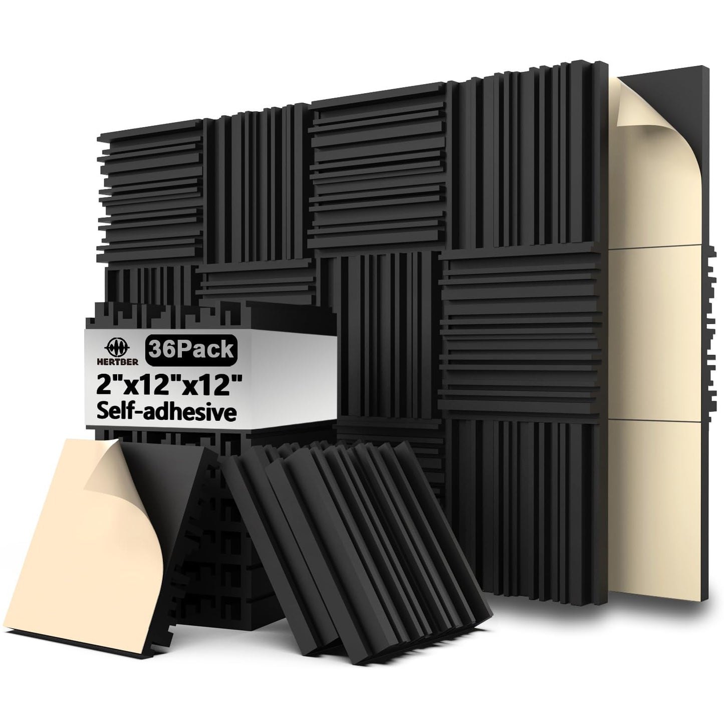 HERTBER 36 Pack Grooved Sound Proof Panels, Self-adhesive Acoustic Panels with Strong Glue, 12 x 12 x 2 Inches, Sound Foam Panels for Studios, Podcasting, Offices