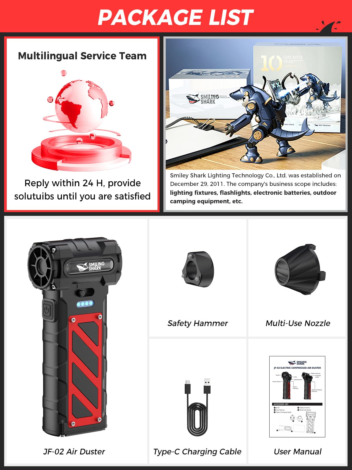 Smiling Shark Compressed Air Duster, JF-02 110000RPM Stepless Speed Cordless Electric Air Blower with Emergency Cutter & Hammer, Rechargeable Mini Dust Blower for PC/Keyboard/Outdoor/House and Car