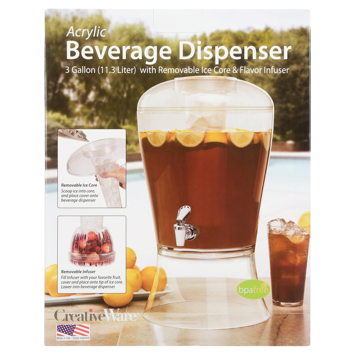 CreativeWare RM-BEV08 Beverage Dispenser with Ice and Infuser 3-Gallon Tritan Beverage Dispenser