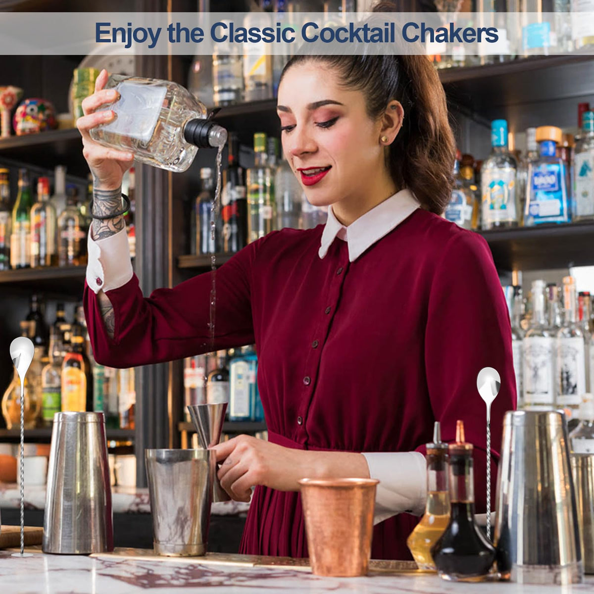 Cocktail Shaker Boston Shaker Set 10 Pcs Professional Bartender Kit Bar Shaker Stainless Steel Drink Shaker Bartending Martini Shaker Tin with 18oz&28oz Mixed Alcohol Shaker Tool for Beginner(Silver)