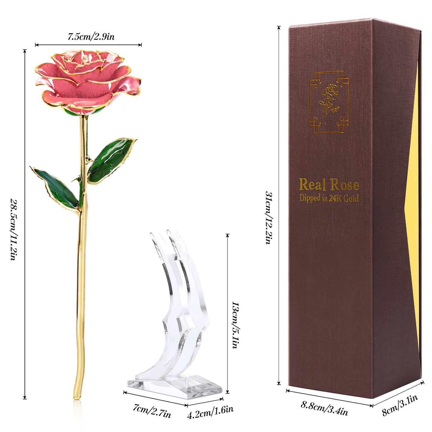 Gold Dipped Rose 24k: Yolife 24k Gold Dipped Real Rose Lasted Forever with Transparent Stand, Best for Her - for Valentine’s Day Mother’s Day Girlfriend Wife Birthday Wedding Flowers (Pink)