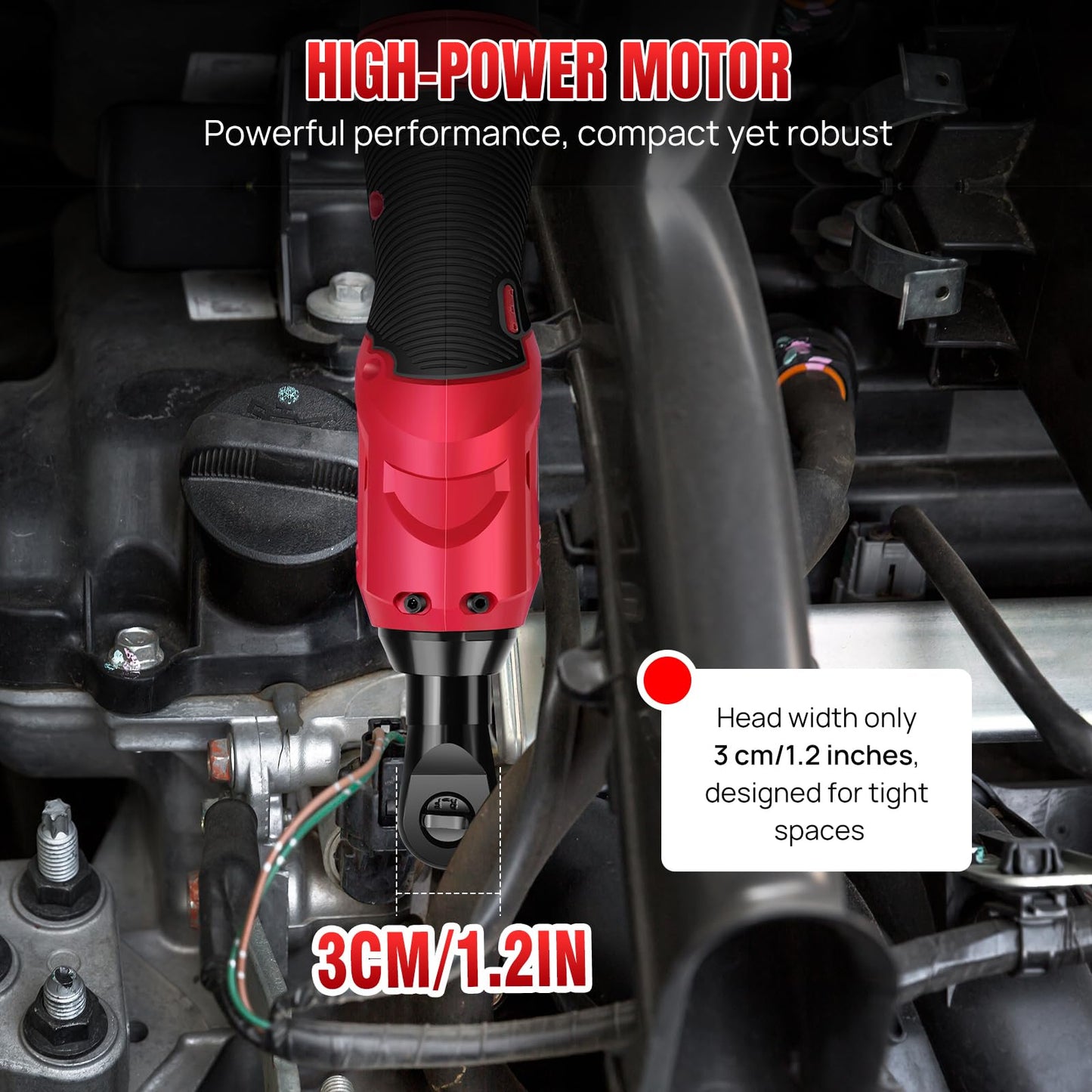 Cordless Electric Ratchet Wrench Kit, 0-2300 RPM 3/8 Inch Power Ratchet Wrench with Variable Speed Trigger 2X 1.5Ah Li-Ion Batteries, 7 Sockets, Fast Charge -Red
