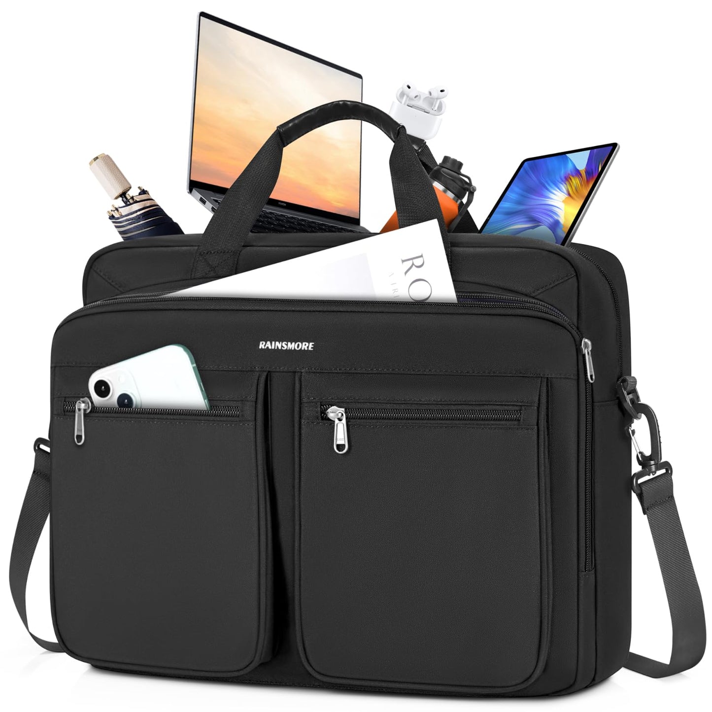 RAINSMORE Laptop Bag 17.3 Inch Waterproof Computer Messenger Bag with Thick Foam Multifunctional Partition Filling Large Capacity Briefcase Bag for Men Shoulder Bag for Travel Business Work Black