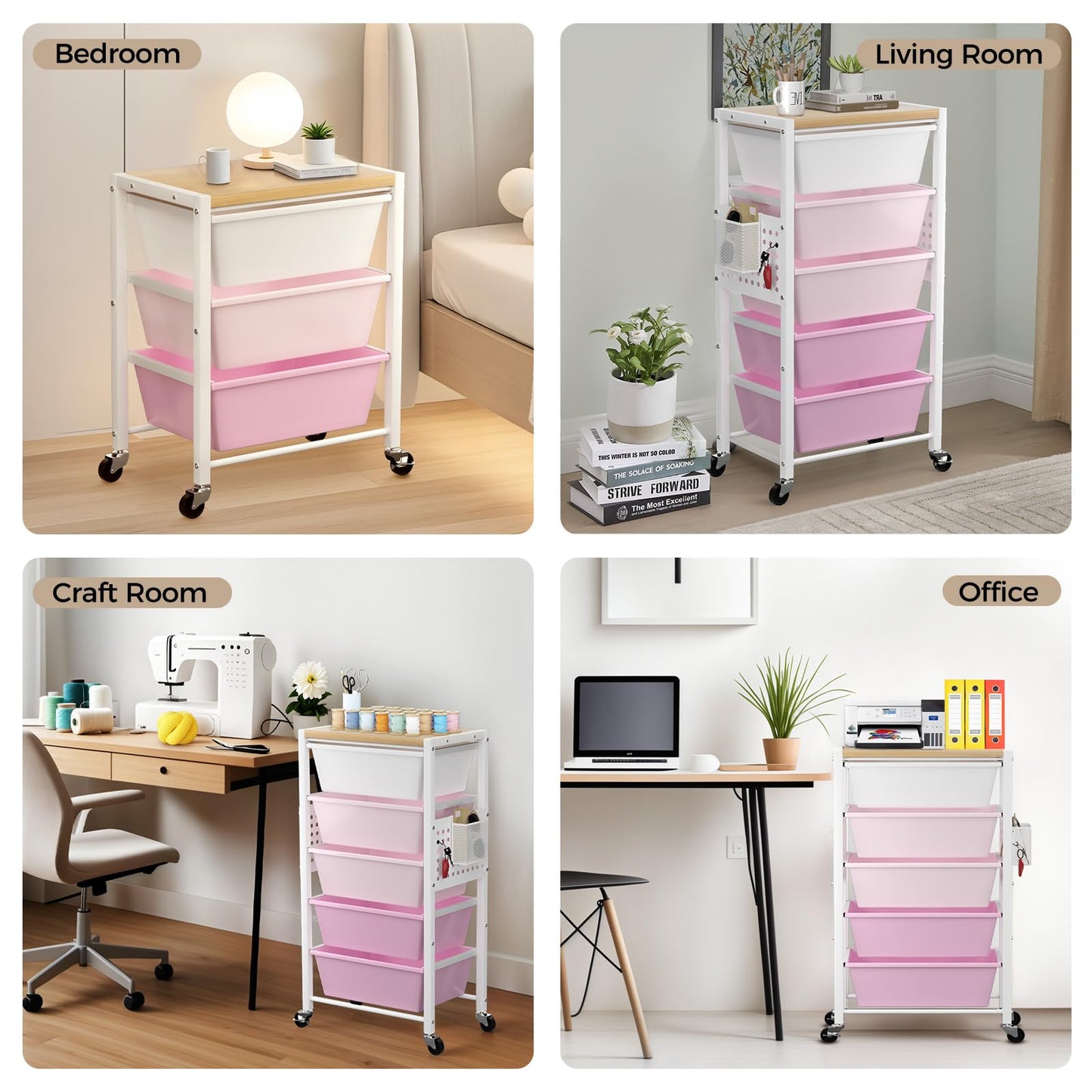 Rolling Cart with 3 Drawers, Plastic Drawer Storage Carts with Lockable Wheels & Wooden Tabletop, Metal Utility Cart Organizer, Office Bedroom Classroom Craft Organization and Storage, Bright Pink