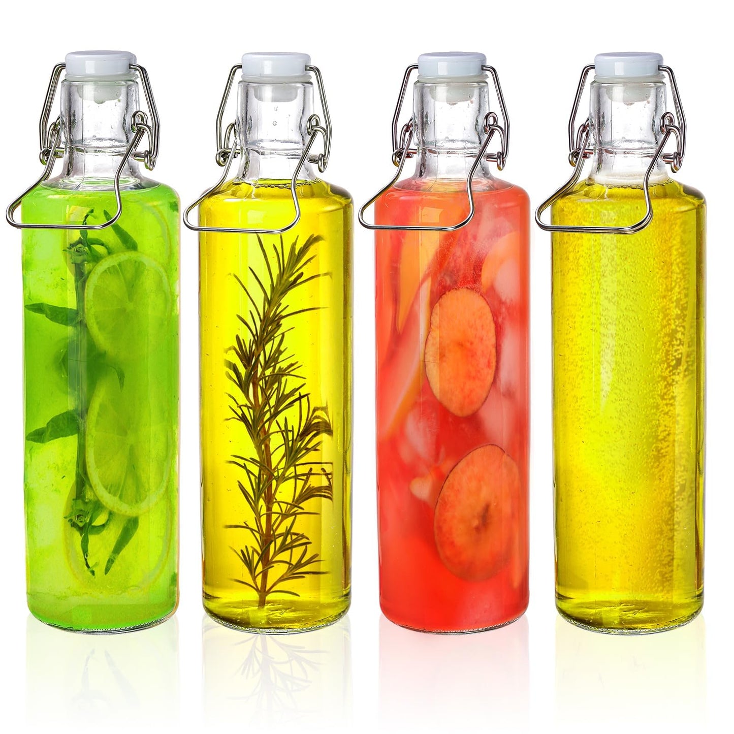 Cididu 4 Pack 33Oz Flip Top Bottles, 1L Airtight Swing Top Glass Bottle with Handle for Beer, Home Brewing, Kombucha, Juice, Carbonated Drink, Vinegar, Oil, Mead, Leakproof, Dishwasher Safe