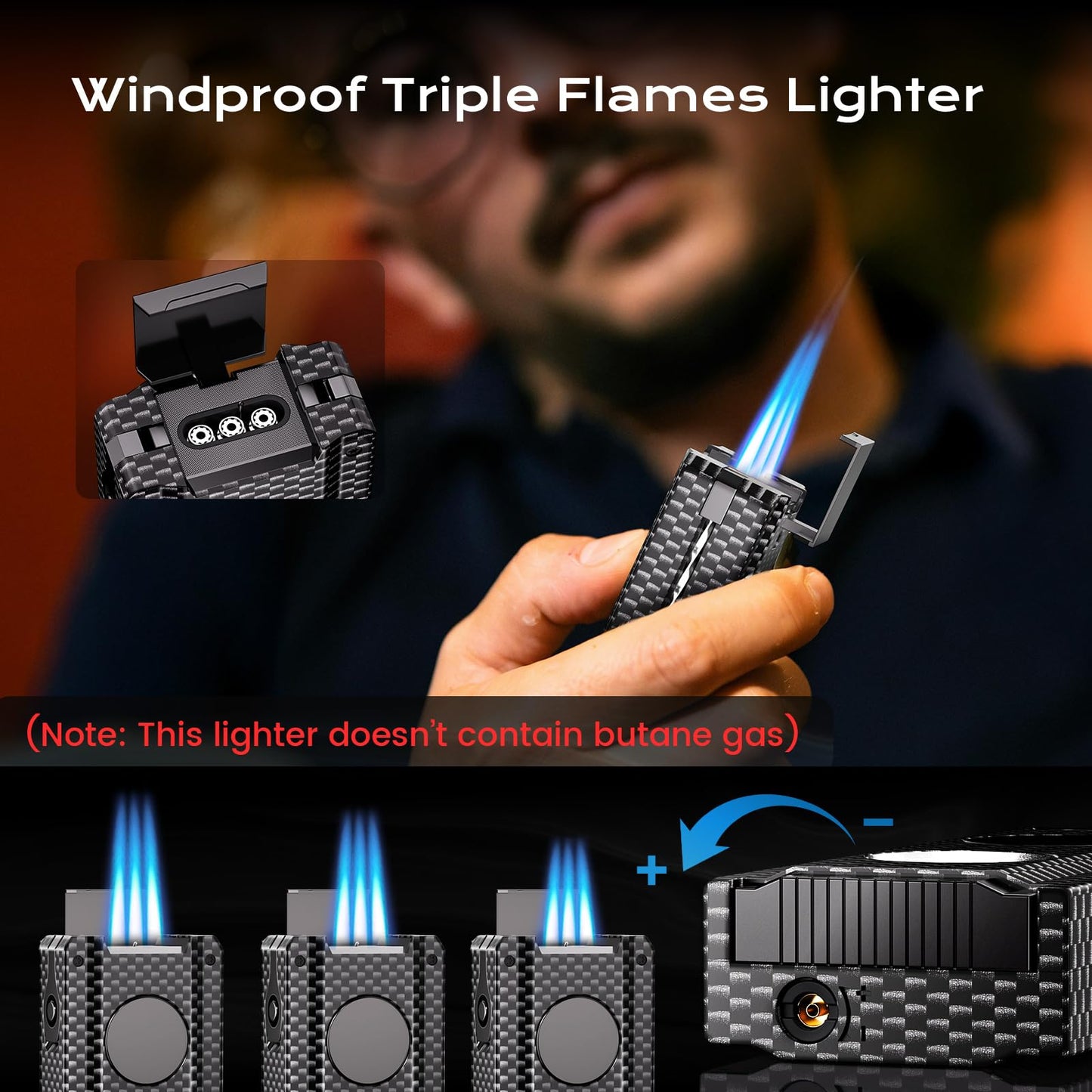 5-in-one Cigar Lighter with V-Cut Cigar Cutter, Cigar Punch, Cigar Draw Enhancer, Cigar Holder, Refillable Butane Triple Windproof Flames Torch Lighter, Cigar Accessories Tool, Cigar Gifts for Men