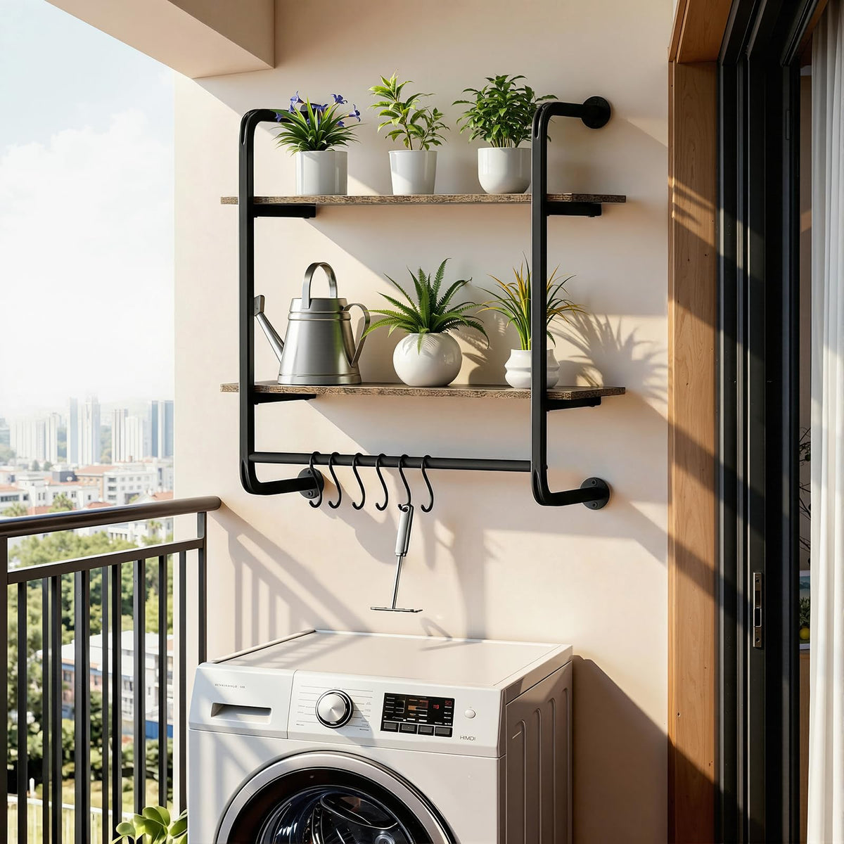 Kssiaz 2 Tier Industrial Pipe Floating Shelf, 24" Kitchen Wall Shelves with Towel Bar & 6 Hooks, Coffee Bar Shelves Display Bookshelf Wall Shelf for Kitchen, Bathroom, Home Dรฉcor, Rustic Brown