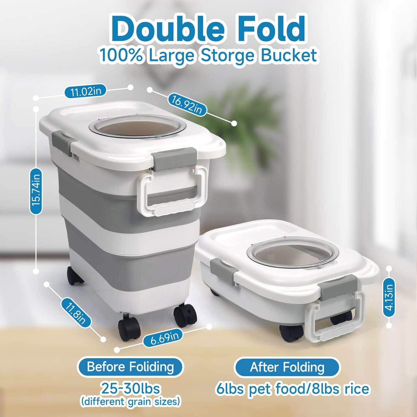 Adorabby Dog Food Storage Container, 25-30Lbs Travel Collapsible Pet Food Container with Airtight Lids, Wheels, Scoop, Handle for Dog/Cat/Bird/Rice Food,Keep Dry Food Fresh,Easy to Move, White