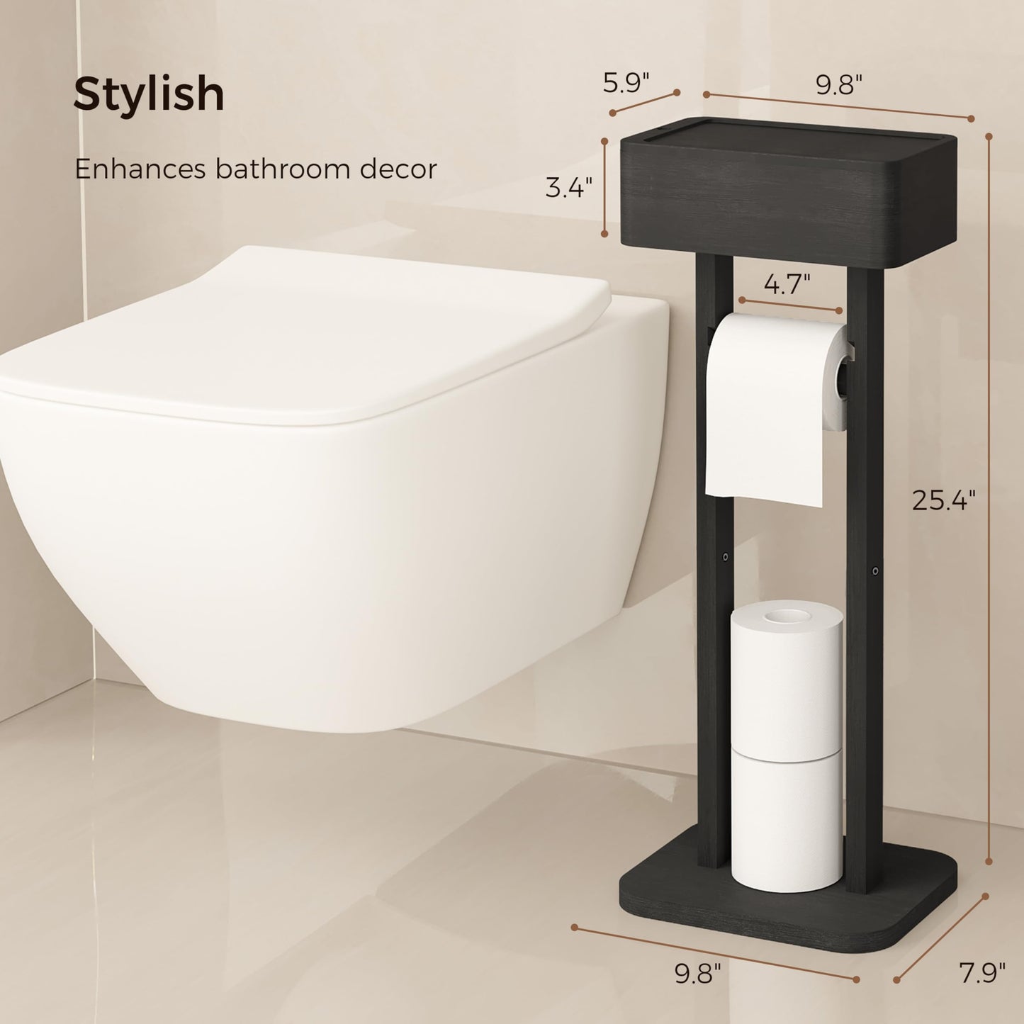 Wealone 4-in-1 Black Toilet Paper Holder Stand with Storage Shelf Box, Bamboo Free Standing Toilet Tissue Roll, Toilet Wipes Dispenser Organizer, Temporary Desktop for Bathroom (Patent Protection)