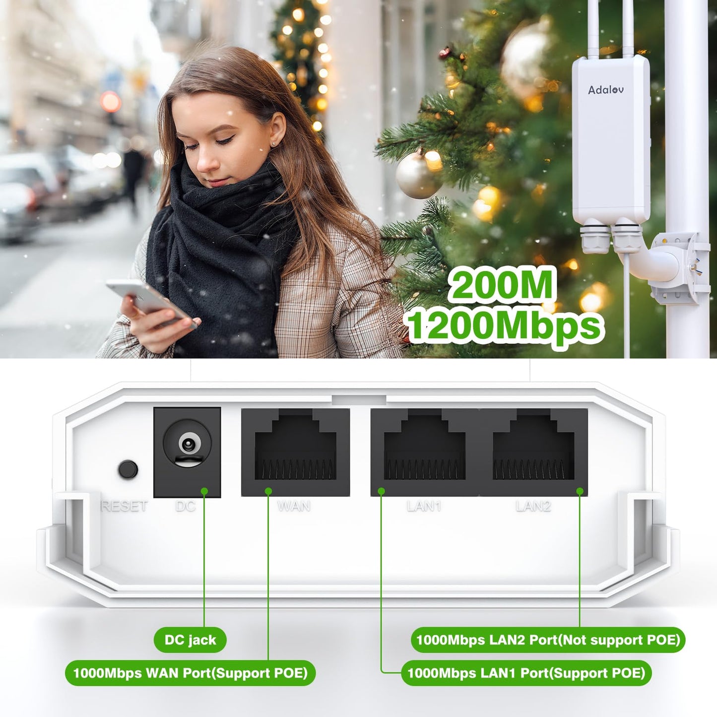 Dual Band Outdoor Access Point with Bracket Mount, Adalov 1200Mbps High Power Outdoor IP66 Weatherproof Access Point,Wireless Gigabit PoE Powered with 2.4GHz+5.8GHz