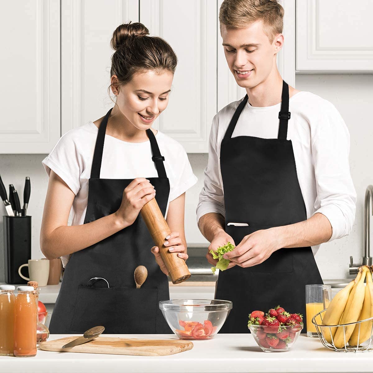 Professional Bib Aprons,12 Pack Bib Aprons with 2 Pockets, Unisex Cooking Kitchen Aprons for Chef Couple BBQ Painting,Black