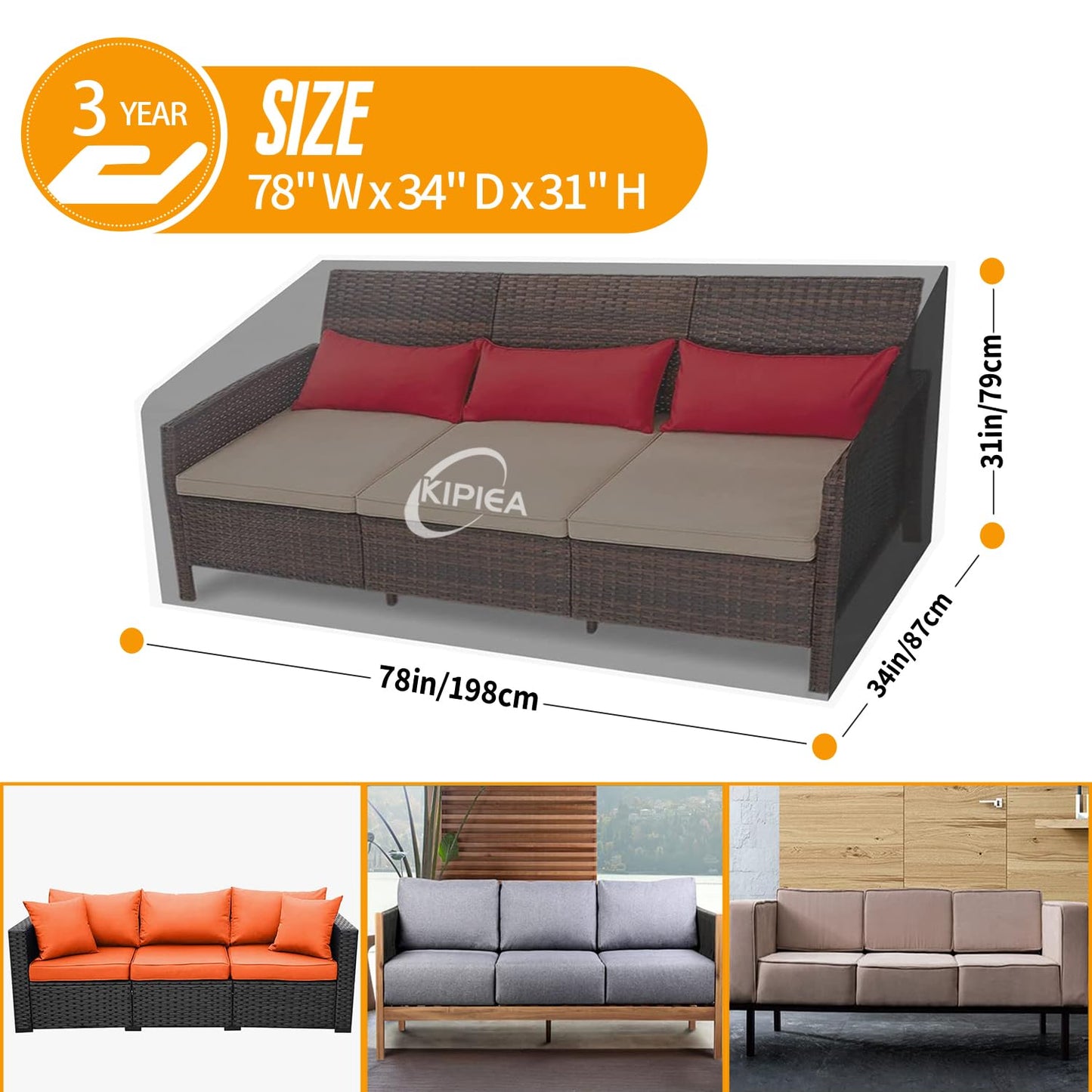 Kipiea Patio Sofa Cover, Heavy Duty 600D Outdoor Couch Cover Waterproof Winter, 3-Seat Patio Furniture Cover Loveseat, Outdoor Sofa Covers with Anti UV and No Tears, No Fading (78" W x 34" D x 31" H)
