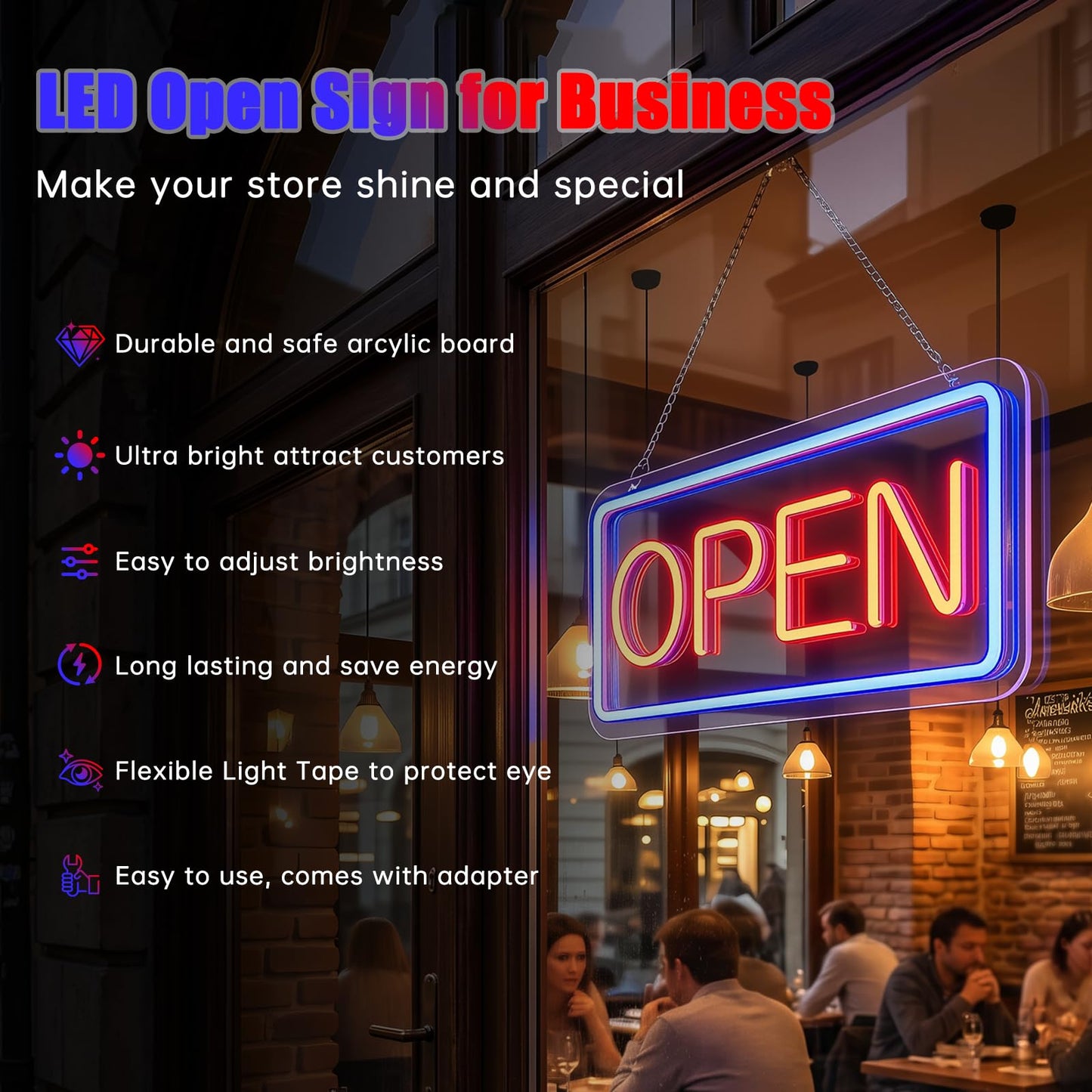 GABROGA 22 x 12inch Large Open Sign for Business, 10-Level Dimmable LED Neon Light up Open Signs, 12V/3A Open Sign USB Powered with 6.7FT Cord Easy to Hang for Window Bar Cafe Salon Store, Blue-Red