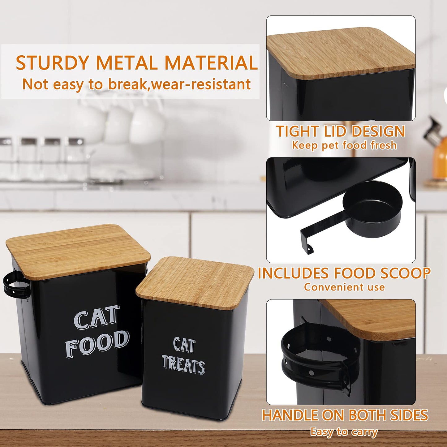 Cat Food and Treats Containers Set with Scoop for Cats or Dogs -Tight Fitting Wood Lids - Coated Carbon Steel - Storage Canister Tins-Cat-Black