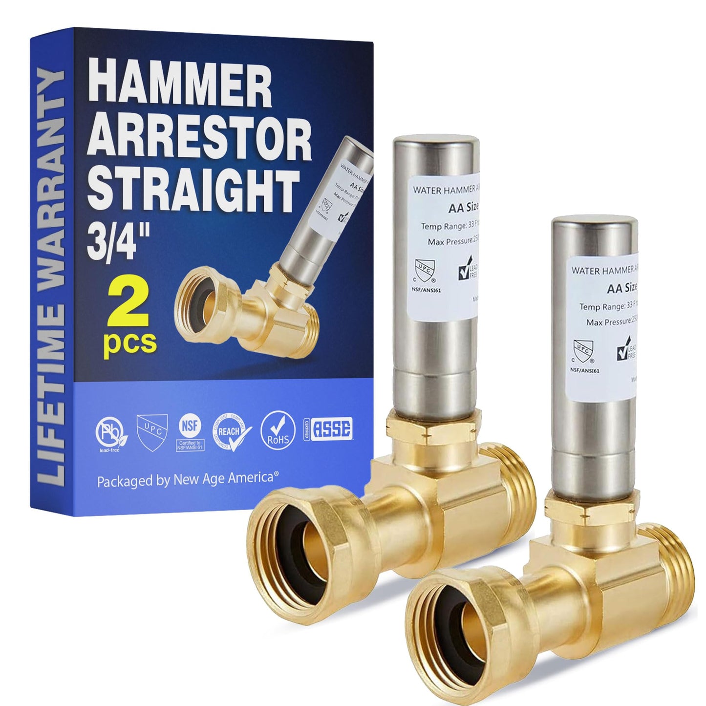 New Age America® AquaFlow 360™ 2pcs Hammer Arrestor | Straight | Washing Machine | 3/4" Male GHT & 3/4" Swivel Female GHT | 304 Stainless Steel & Brass