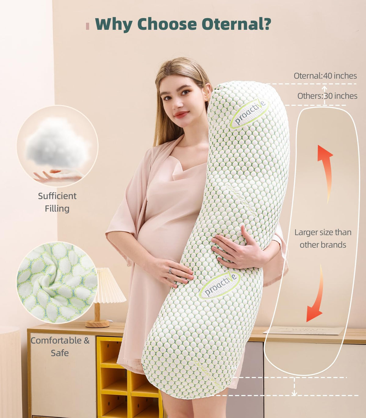 Oternal Pregnancy Pillow for Pregnant Women,Soft Pregnancy Body Pillow,Support for Back, Hips, Legs,Maternity Pillow with Detachable & Adjustable Pillow Cover, Green