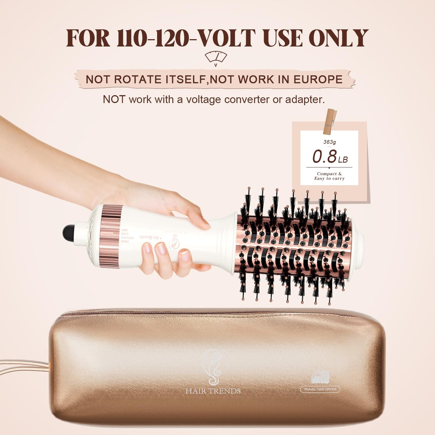 Travel Blow Dryer Brush in one, Mini Hot Air Brush, Hair Trends Nano Titanium 2 Inch One Step Hair Dryer and Styler Volumizer-Not for Europe Travel