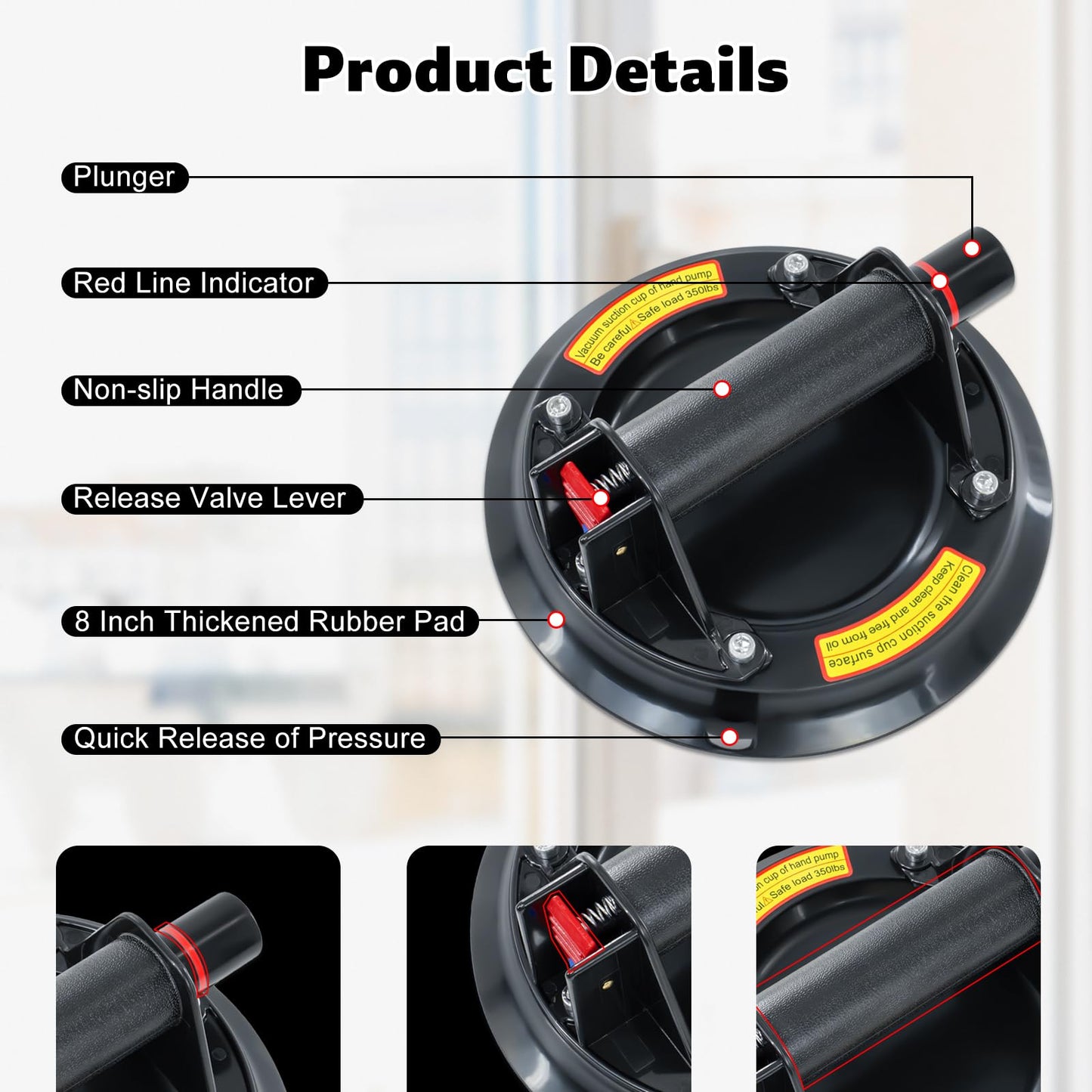 8" Heavy-Duty Glass Suction Cups 2 Pack with Carrying Case - Industrial Tile Suction Cup Tool for Lifting Large Glass, Granite, Windows & Windshield | 700 lbs Capacity Vacuum Suction Cup Lifter