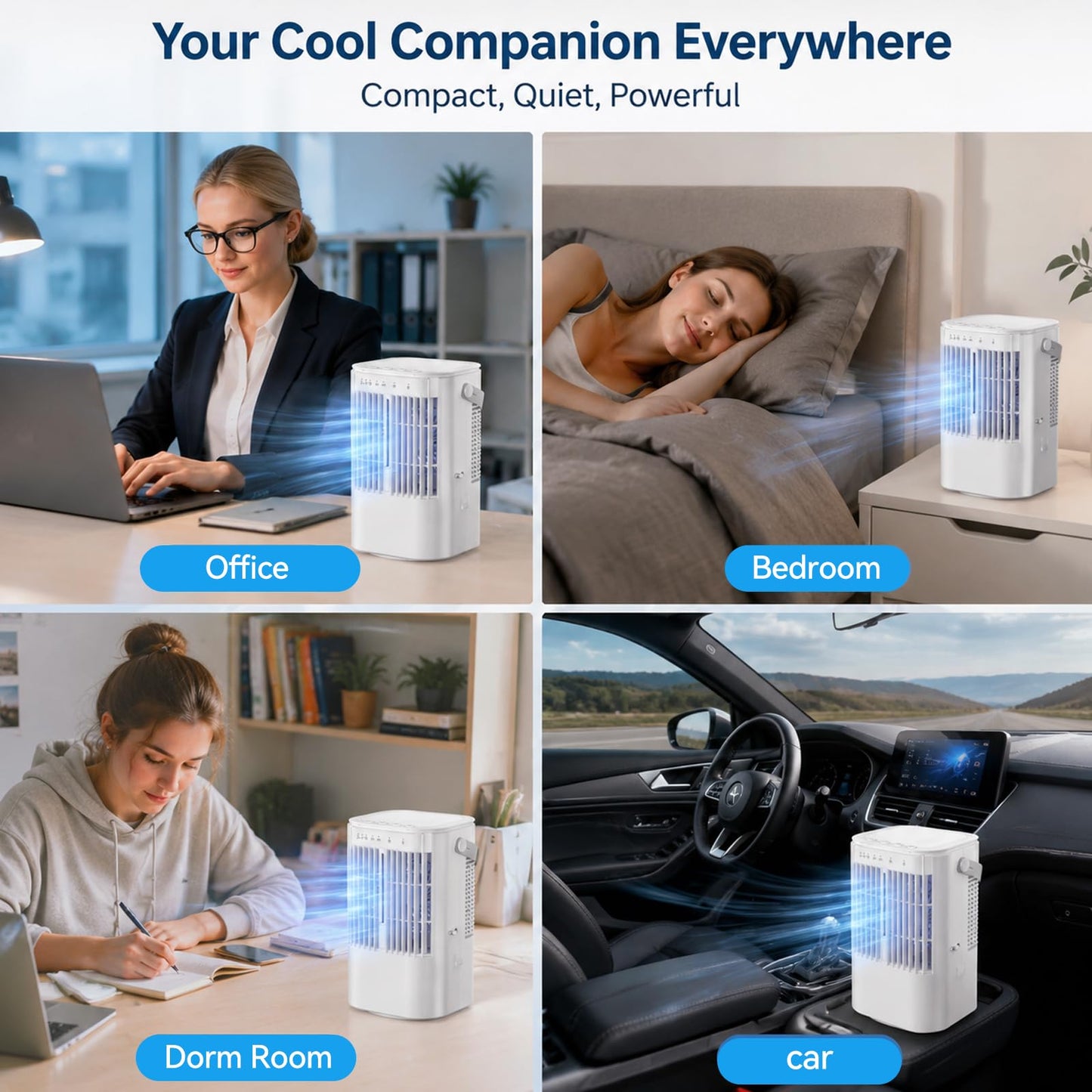Portable Air Conditioner, 4-in-1 Mini Small Air Conditioner Evaporative Air Cooler Fan with 1000ml Water Tank, 3 Speeds & 7 LED Lights, Personal Mini AC with Timer for Home, Bedroom, Desktop, Office
