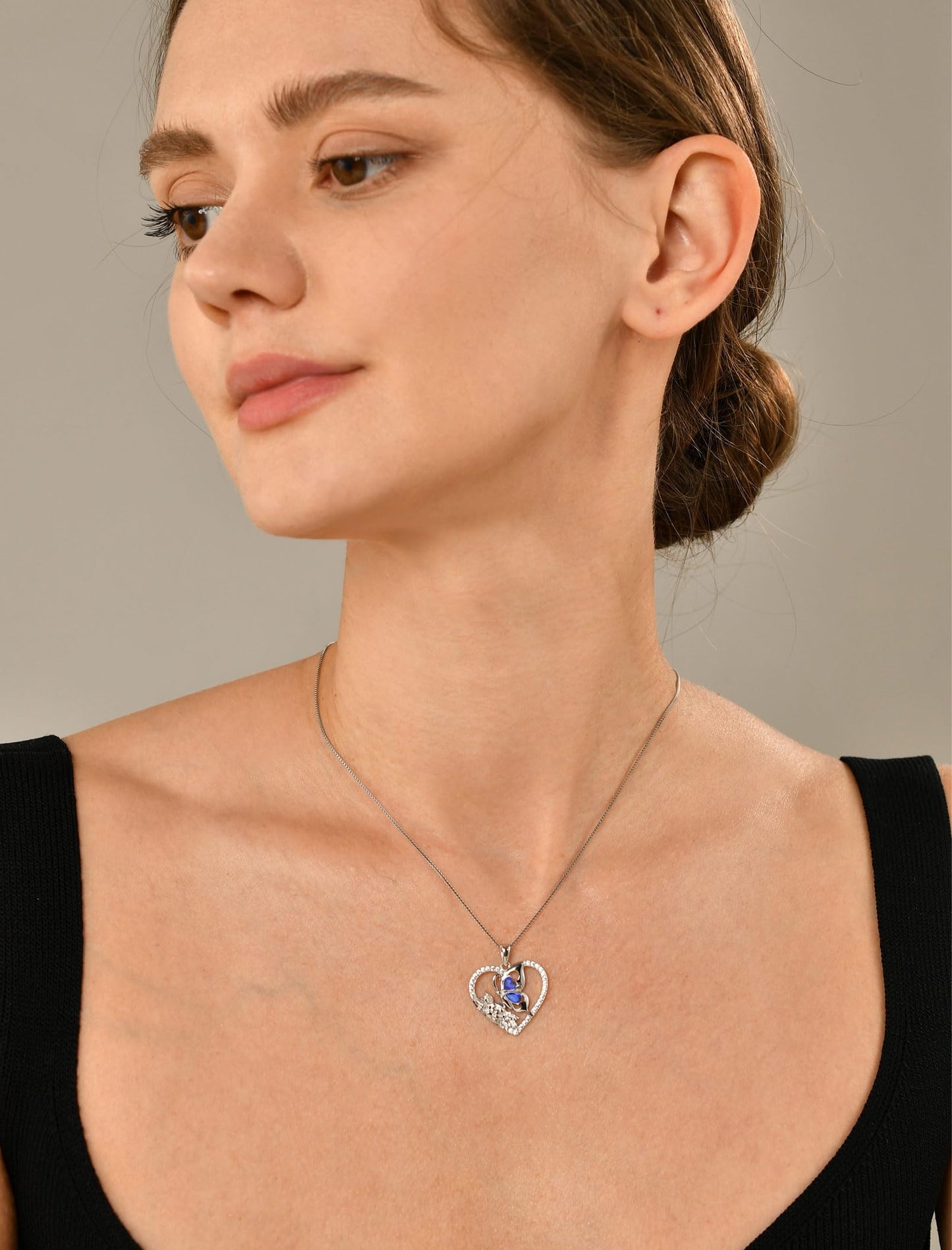 YL Created Sapphire Butterfly Necklace for Women, 925 Sterling Silver Birthstone Heart Pendant Flower Rose Halo Jewelry Mother Daughter Gifts for Her