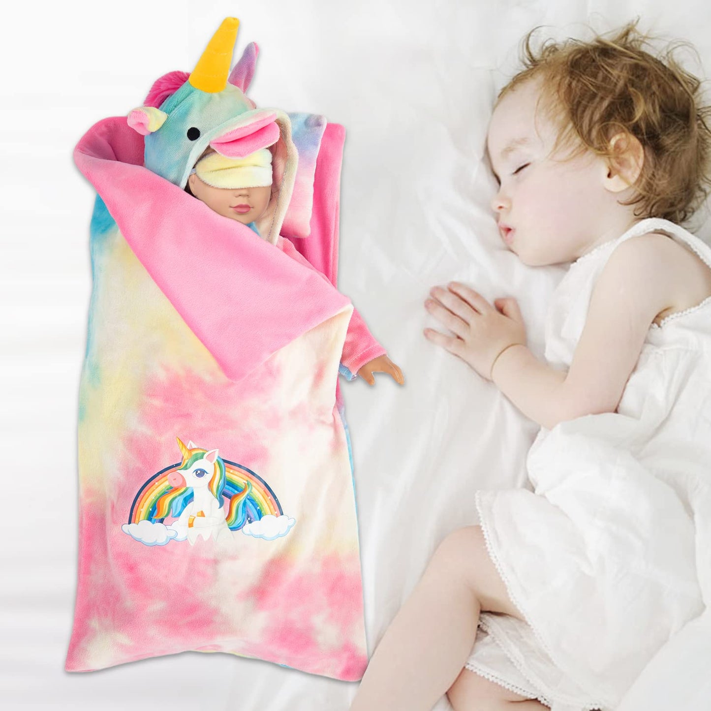XFEYUE American 18 inch Doll Clothes and Doll Sleeping Bag Set - Rainbow Unicorn Doll Costume with Unicorn Style Sleeping Bag, Pillow, Eye Mask Slumber Party Accessories Fits 18 Inch Doll (No Doll)