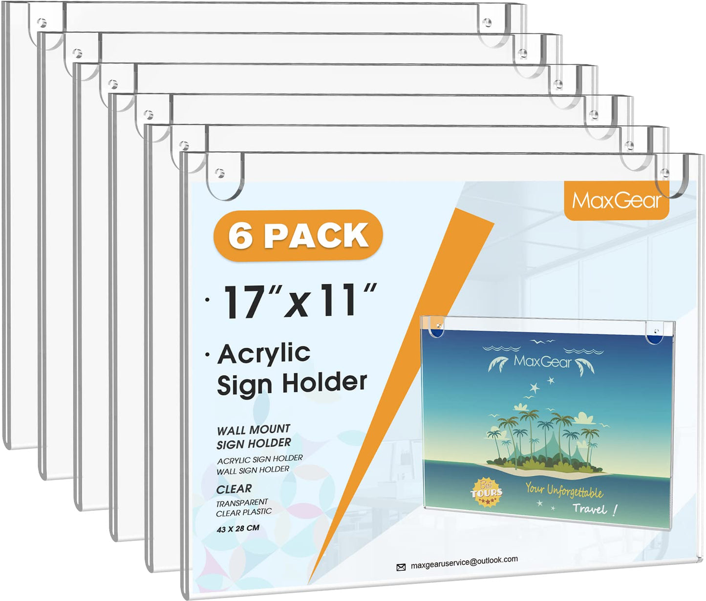 MaxGear Acrylic Sign Holder 11 X 17 Wall Mount Sign Holder Clear Plastic Picture Frames with Tape Adhesive and Screws for Office, Home, Store, Restaurant - Landscape, 6 Pack