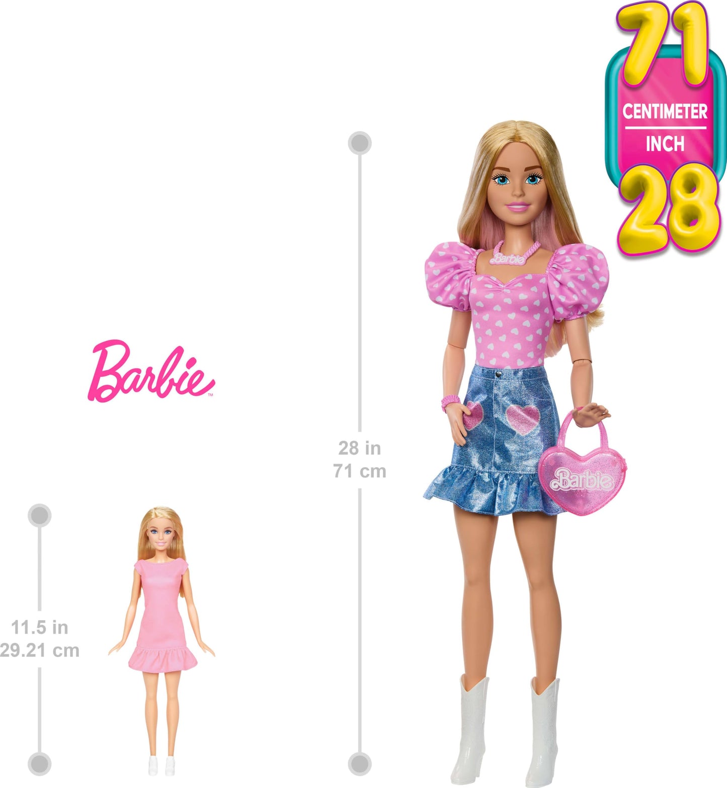 Barbie 28-in Blonde Fashion Doll with Removable Fashions, Pink Top, Denim Skirt, & Cowboy Boots, Necklace and Purse Accessory