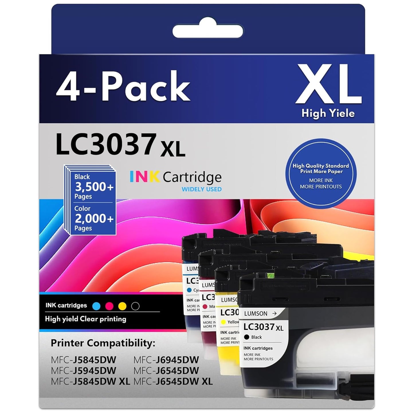 LC3037XL LC 3037 Ink Cartridge Black Color Combo 4 Pack High Yield Replacement for Brother LC3037XL MFC-J5845DW MFC-J5945DW MFC-J5845DW XL MFC-J6945DW MFC-J6545DW Printer (Black Cyan Magenta Yellow)