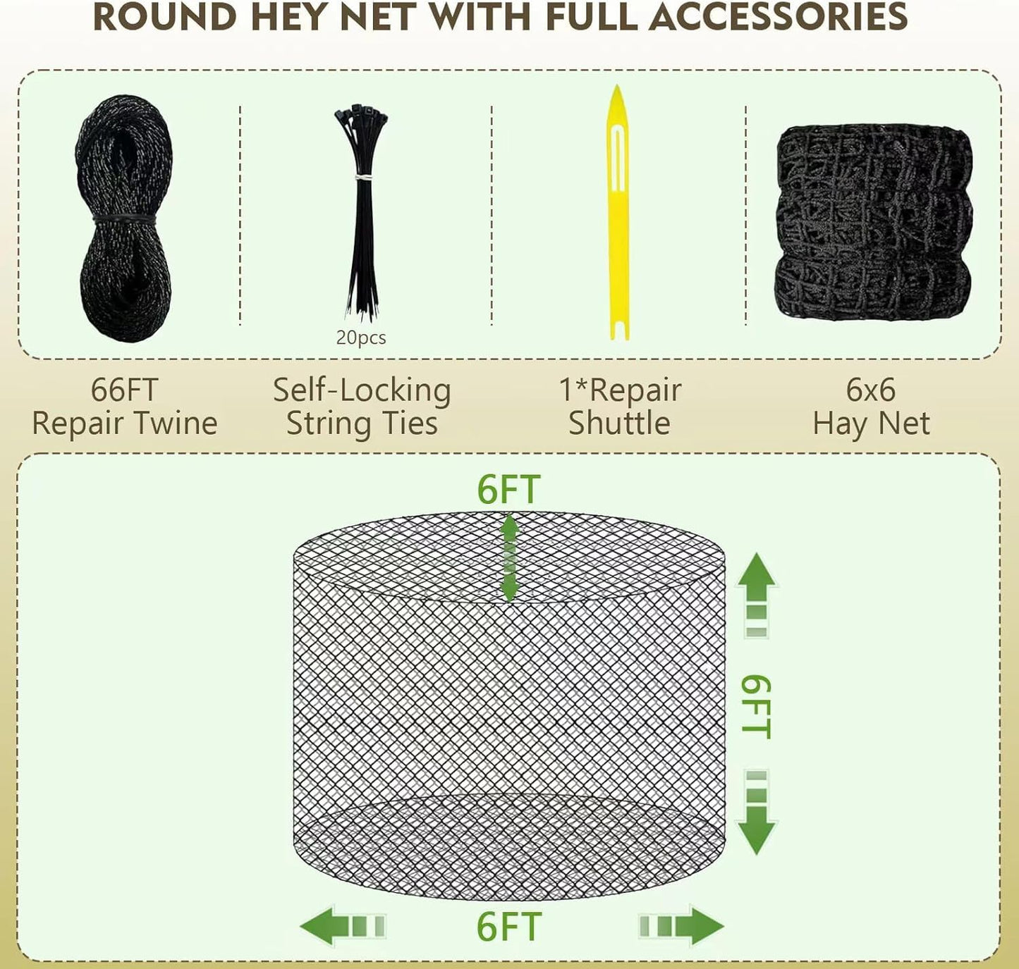 ASRJKIE 6x6ft Round Bale Hay Net for Horses, Round Bale Feeder with Hay Net Repair Tool for Livestock, Slower Feed Hay Net for Farm Countryside, Cow, Goats