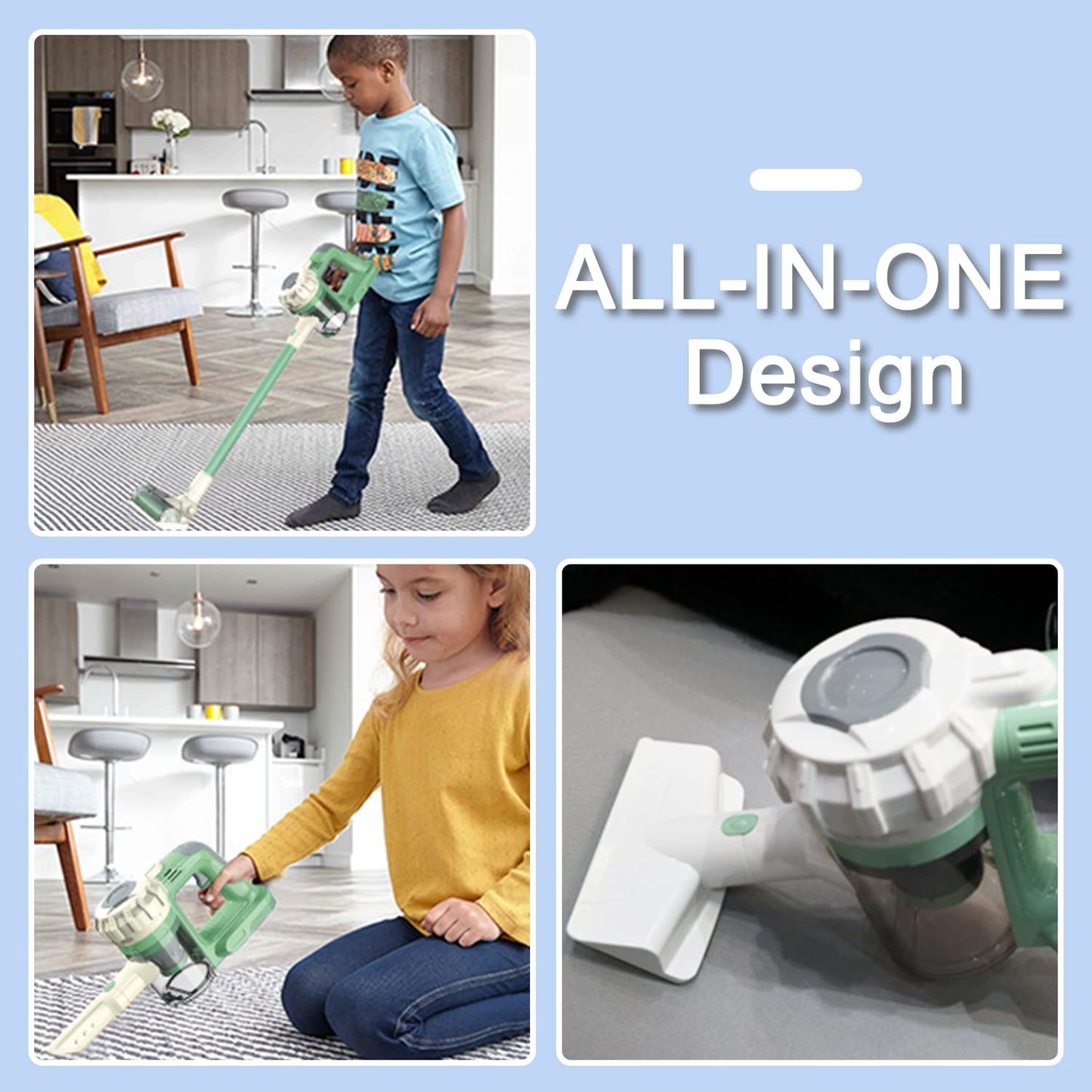 BAYMI 3-in-1 Kids Vacuum Cleaner That Works - Toddler Vacuum Cleaning Toy Set for Children Aged 3+, Kids Working Play Vacuum with Real Suction for Realistic Play (Green)