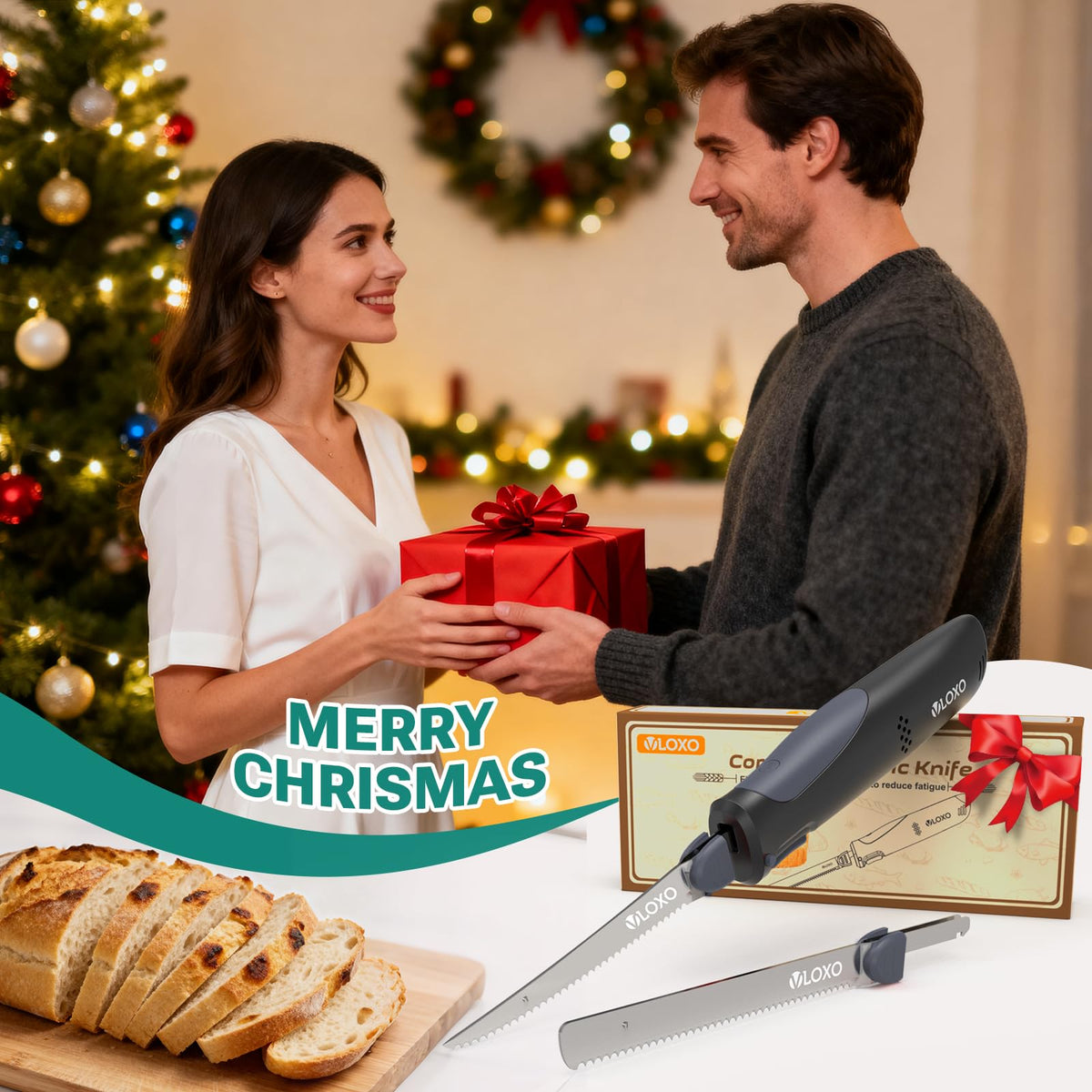 VLOXO Cordless Electric Knife, Rechargeable Electric Knife with 2 Ti-Nitride S.S. Coated Non-Stick Blades Non-Slip Handle Safety Lock Electric Carving Knives for Bread Turkey