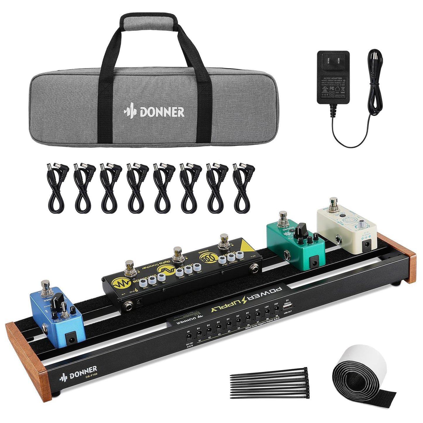 Donner Guitar Pedal Board with Built-in Power Supply, Aluminium Alloy Small Pedalboard, DB-P100, 2.1Lb, 19.7 * 5.0 * 1.8"