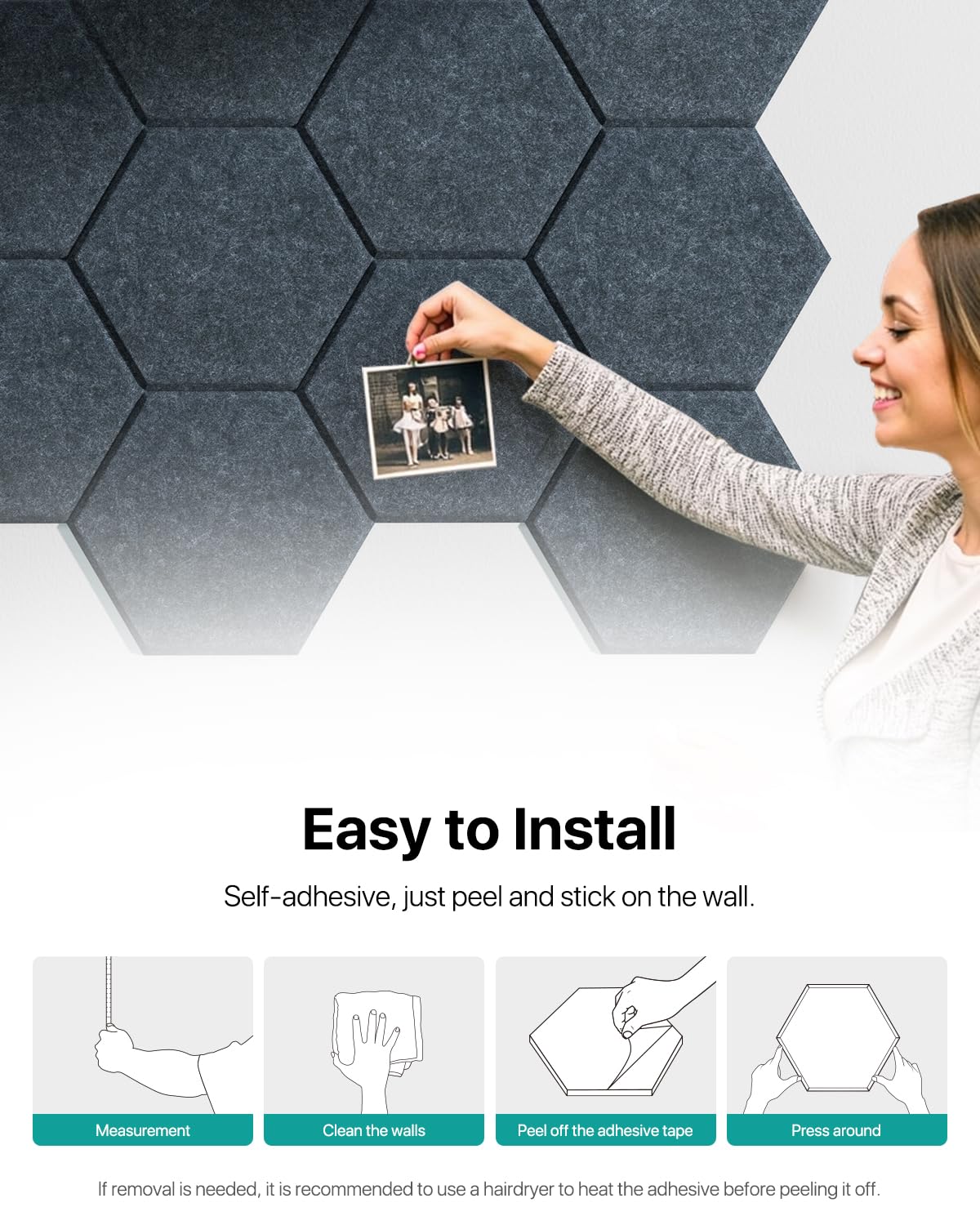 Sound Proof Panels Hexagon Self-Adhesive Acoustic Panels 12 Pack High Density Soundproofing Panels Beveled Edge for Studios/recording room/offices acoustic treatment and wall decoration 12"×10"×0.4"