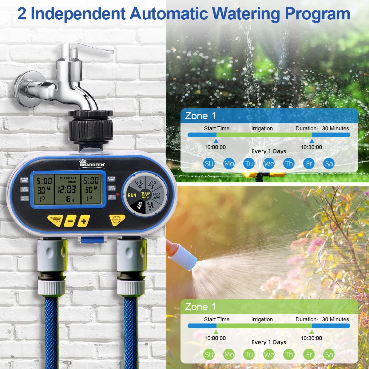 Yardeen Sprinkler Timer for Garden Hose, Programmable Hose Timer with Rain Delay/Manual/2 Solenoid Valves Garden Electronic Irrigation Controller System Color Blue