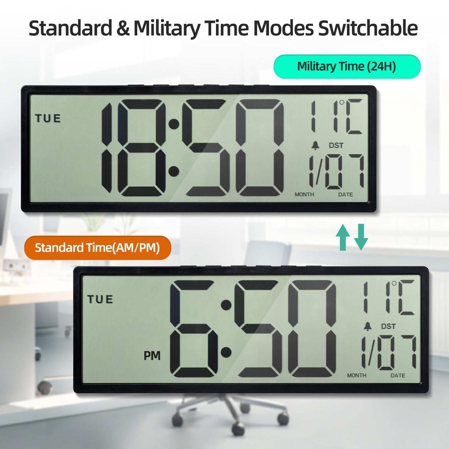 Mee 2ou Digital Wall Clock Battery Operated, 15" Digital Clock Large Display With Date And Day Of Week, Large Number Digital Clock With Temperature, Auto DST, Alarm, Snooze, 12/24-hour For Desk Office