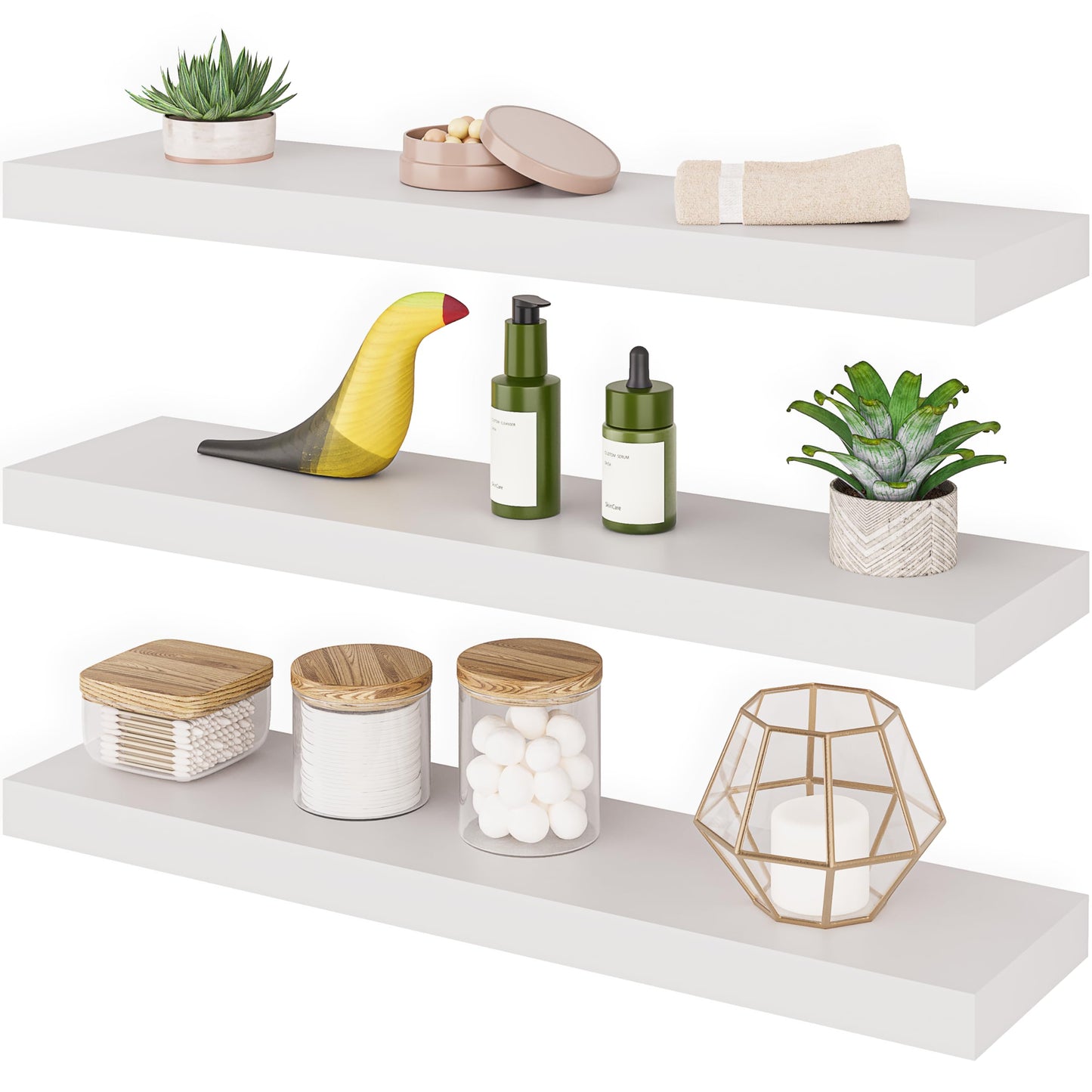 Ballucci Floating Shelves for Wall, 24" Wood Wall Shelf Set of 3, Invisible Brackets Floating Shelf for Wall Decor Living Room, Bathroom, Bedroom, Kitchen, 6" Depth, White