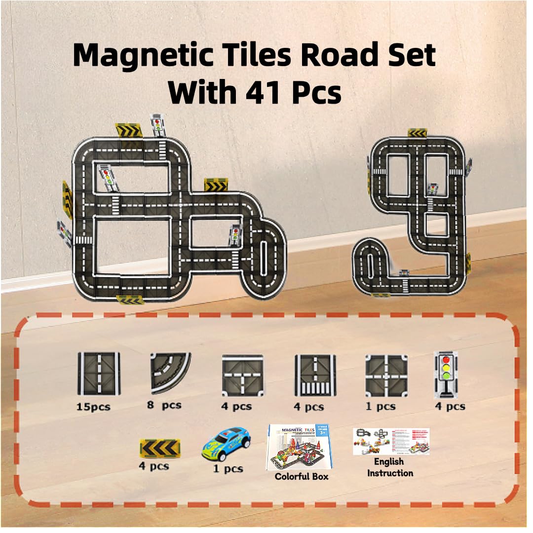 Magnetic Tiles Road Set for Kids, 41 PCS Magnetic Building Blocks with Car Toys, Construction Magnetic Blocks Toys, Boys Gifts