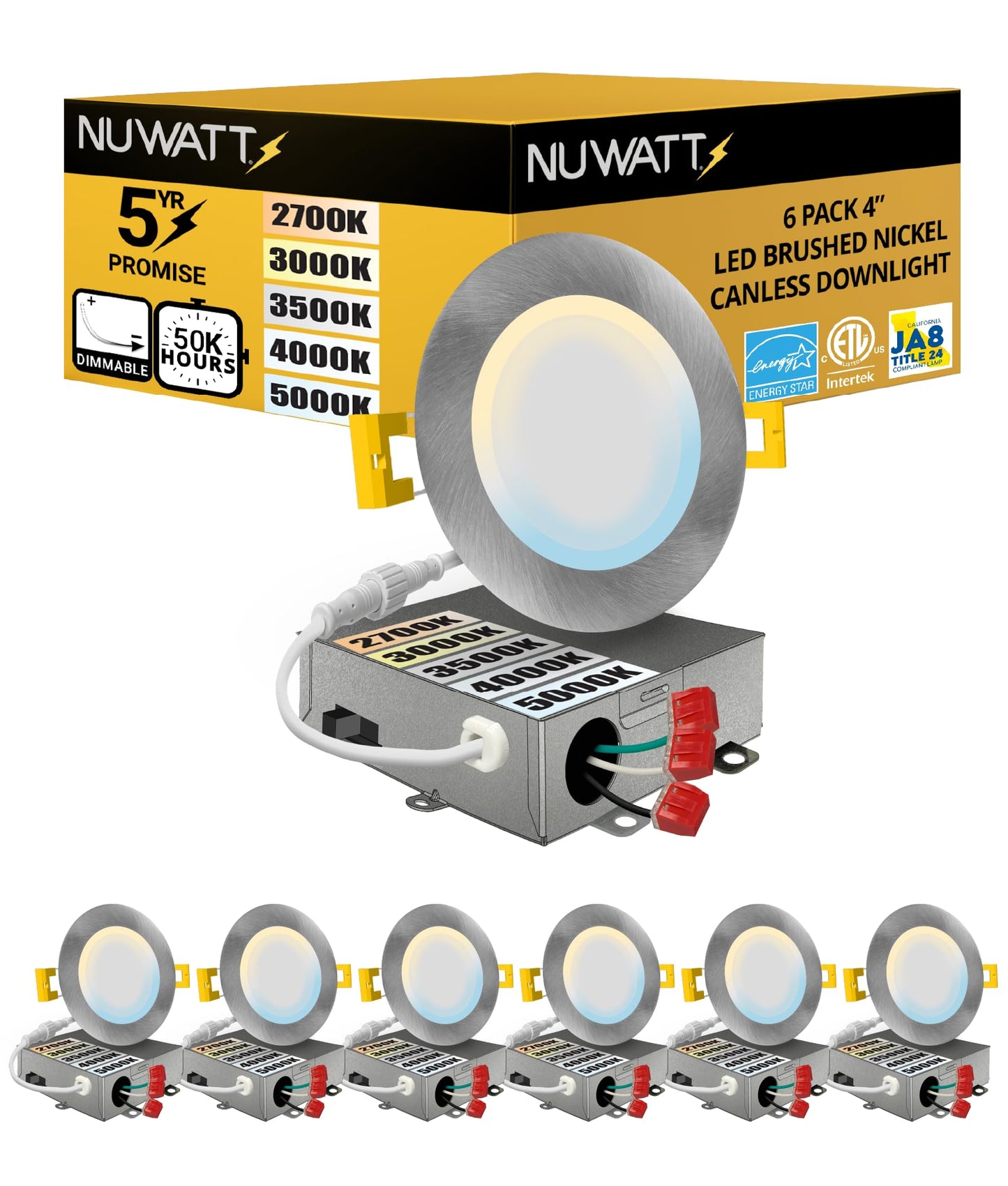 NUWATT 6 Pack, 4 Inch Ultra-Thin Recessed LED Lights Brushed Nickel, 5CCT 2700K/3000K/3500K/4000K/5000K Selectable, 630LM, 9W, IC Rated, Dimmable, Canless Downlight With Junction Box, Energy Star, ETL