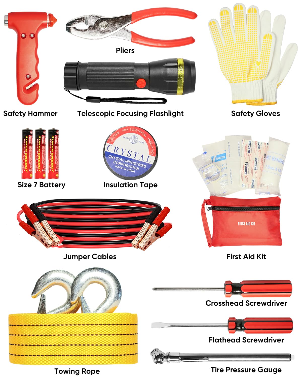 CAWWRT Car Emergency Kit, Roadside Emergency Car Kit with Warning Light Reflective Triangle, Jumper Cable, Tow Strap, Flashlight, First Aid Kit, Tire Pressure Gauge, Safety Hammer Car Tool Kit